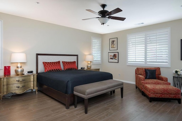 bedroom featuring hardwood / wood-style flooring and ceiling fan