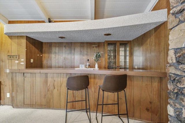 bar with light carpet, a textured ceiling, and wood walls