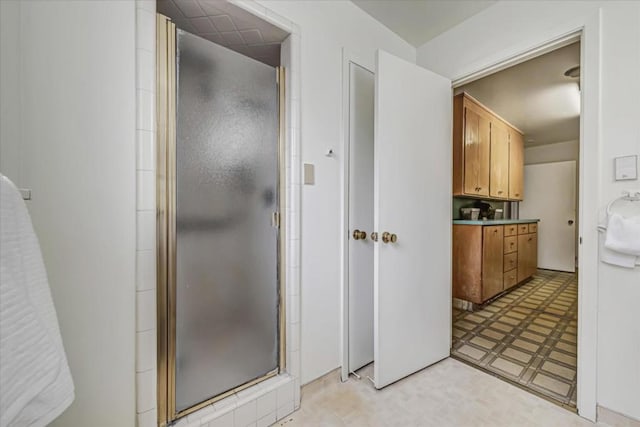 bathroom featuring a shower with shower door