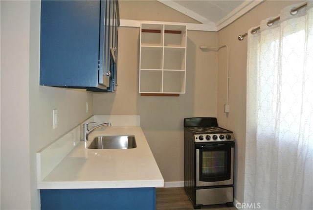 kitchen with blue cabinetry, sink, stainless steel gas range oven, vaulted ceiling, and dark hardwood / wood-style floors