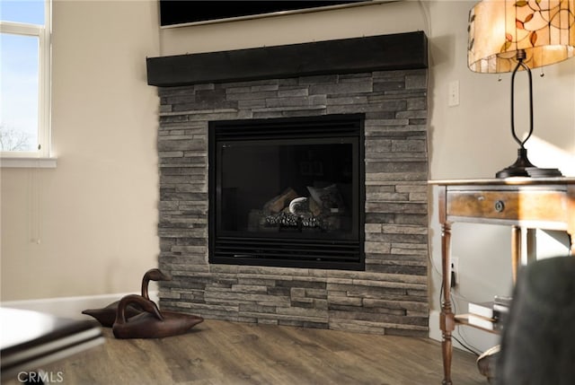 room details with a stone fireplace and hardwood / wood-style flooring