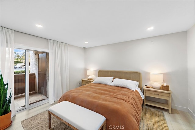 bedroom featuring access to exterior, recessed lighting, baseboards, and light wood finished floors