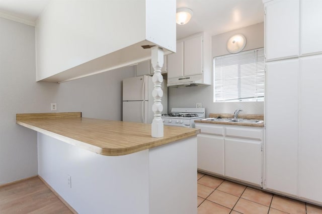 kitchen featuring sink, white cabinets, white appliances, and kitchen peninsula