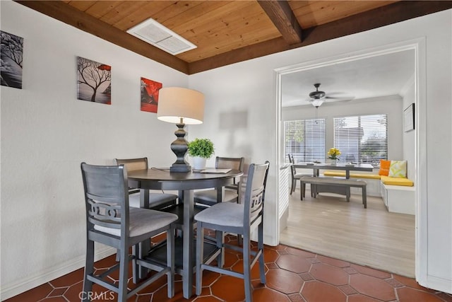 dining area with beamed ceiling, ceiling fan, dark tile patterned flooring, and wooden ceiling