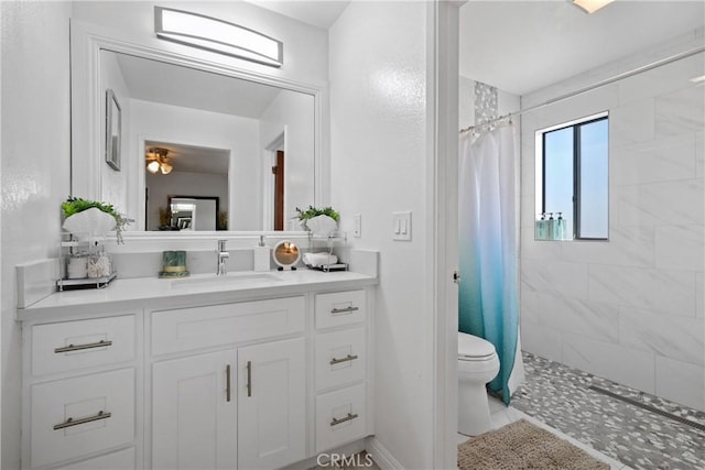 bathroom with toilet, vanity, and a shower with shower curtain