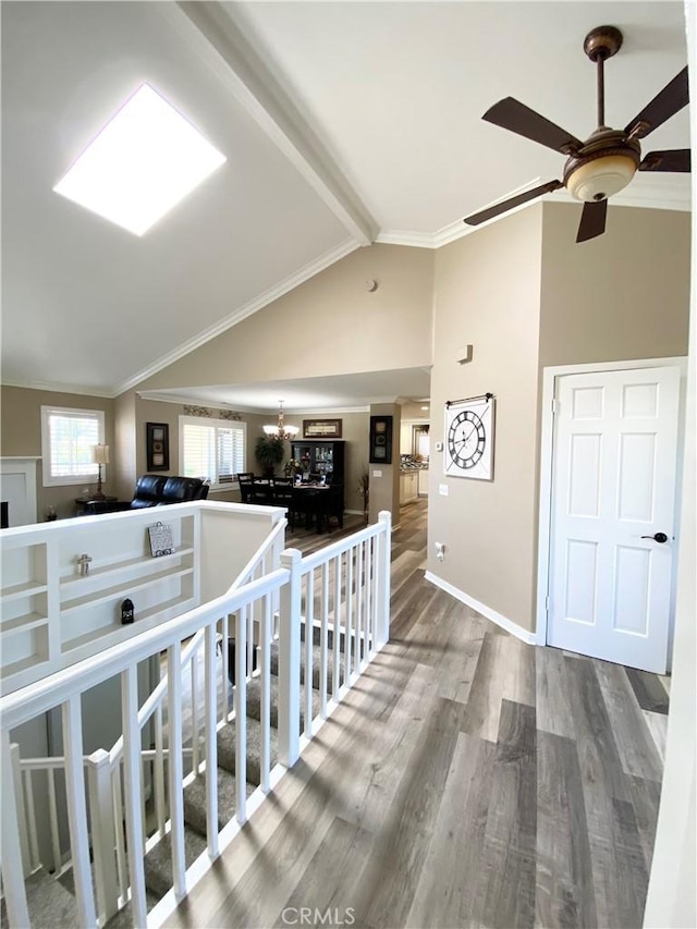 22761 Granite Dome Pl, Canyon Lake, CA 92587 - hall with hardwood / wood-style flooring, crown molding, an inviting chandelier, and vaulted ceiling with beams
