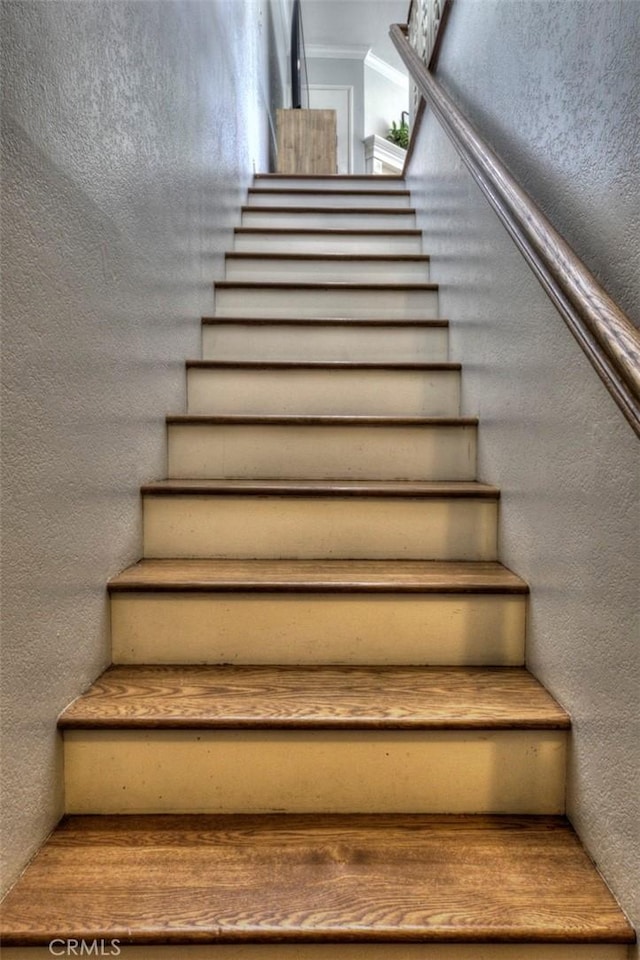 stairway with a textured wall