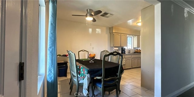 dining space featuring ceiling fan and sink