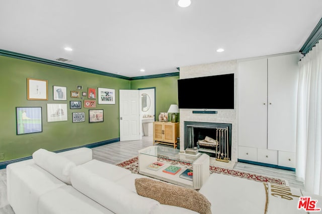 living room featuring ornamental molding, light wood-type flooring, and a fireplace