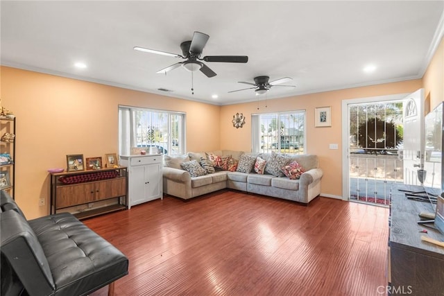 living room featuring dark hardwood / wood-style flooring and crown molding