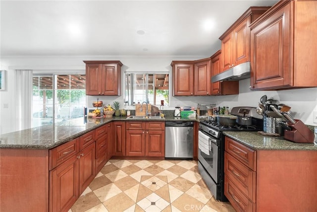 kitchen featuring crown molding, stainless steel appliances, sink, and dark stone counters