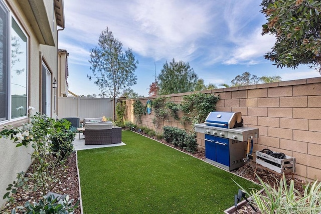 view of yard featuring a patio, an outdoor hangout area, and cooling unit