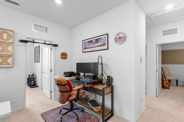 office space with light colored carpet, visible vents, and recessed lighting