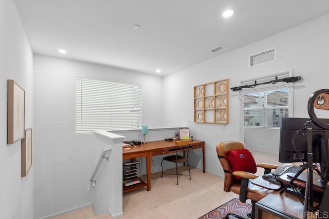 office with recessed lighting, visible vents, light carpet, and baseboards