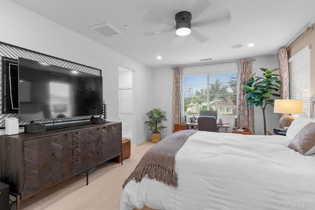 bedroom featuring a ceiling fan, recessed lighting, light carpet, and visible vents