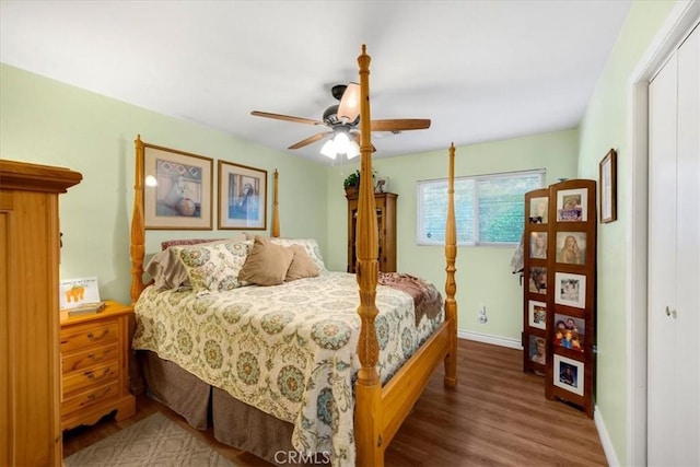 bedroom with wood-type flooring, ceiling fan, and a closet