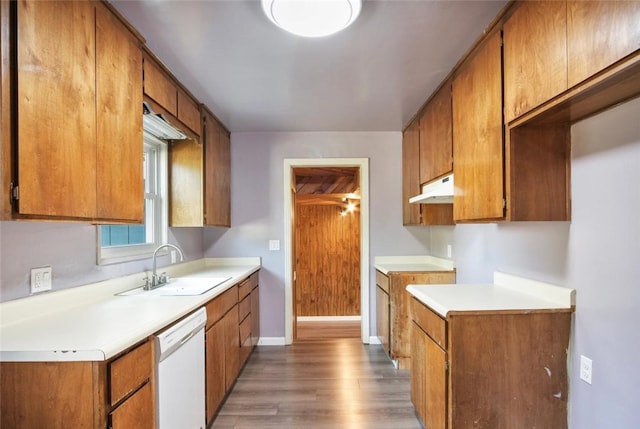 kitchen featuring white dishwasher, sink, and light hardwood / wood-style floors