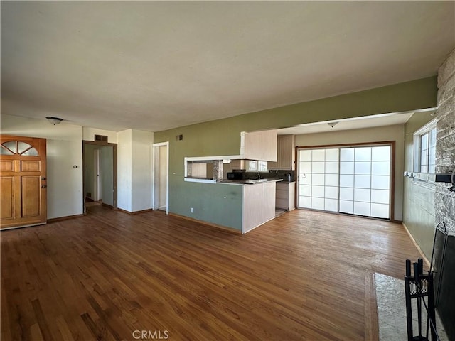 kitchen featuring dark hardwood / wood-style floors and a stone fireplace