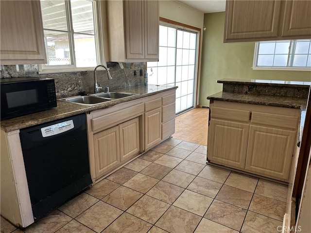 kitchen featuring tasteful backsplash, a healthy amount of sunlight, sink, and black appliances