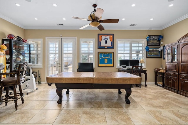 recreation room with light tile patterned floors, crown molding, billiards, and french doors