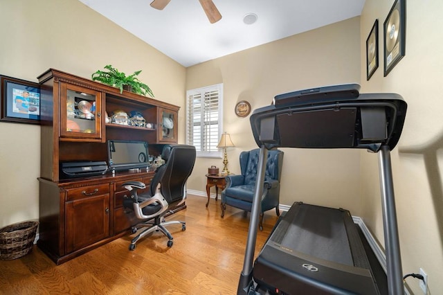 office space with ceiling fan and light wood-type flooring