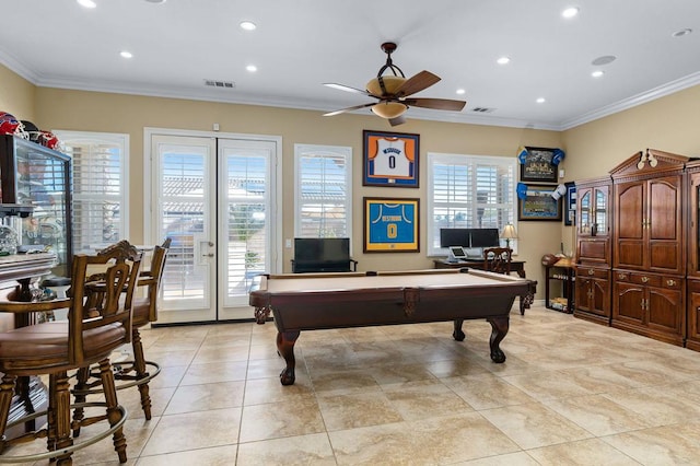 playroom featuring light tile patterned floors, crown molding, billiards, and ceiling fan