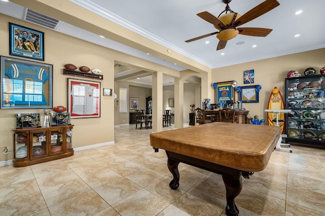 playroom with crown molding, plenty of natural light, billiards, and ceiling fan