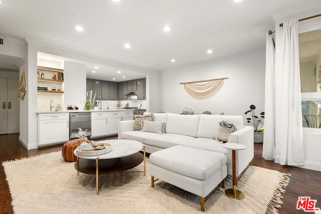 living room featuring ornamental molding, dark hardwood / wood-style flooring, and indoor wet bar