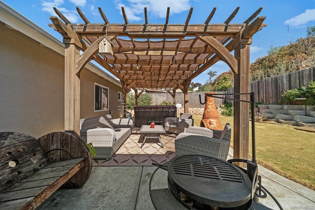 view of patio with an outdoor living space, a pergola, and a hot tub