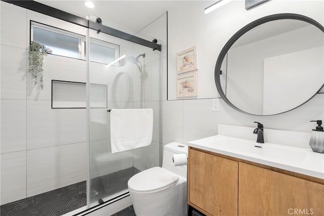 bathroom with baseboard heating, vanity, toilet, and an enclosed shower