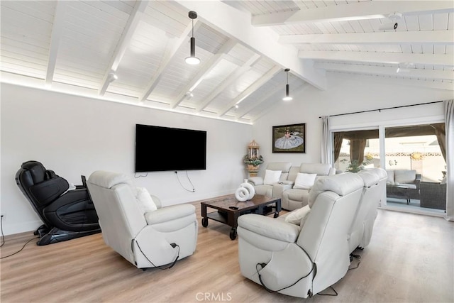 living room with vaulted ceiling with beams, light hardwood / wood-style floors, and wooden ceiling