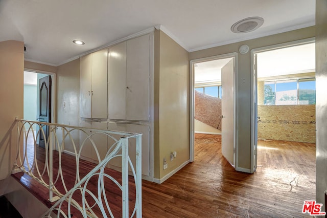 hallway with crown molding and wood-type flooring