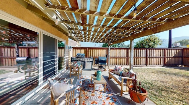 view of patio featuring an outdoor living space and a pergola