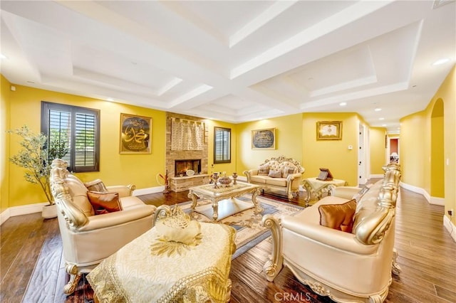 living room featuring hardwood / wood-style flooring and a fireplace