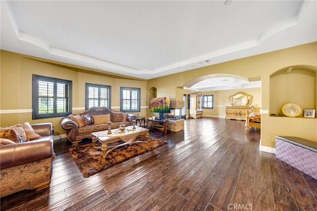 living room with plenty of natural light, dark hardwood / wood-style floors, and a raised ceiling