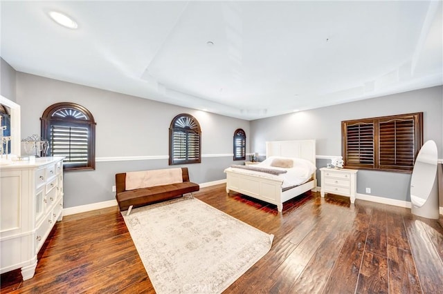 bedroom featuring multiple windows and dark hardwood / wood-style flooring