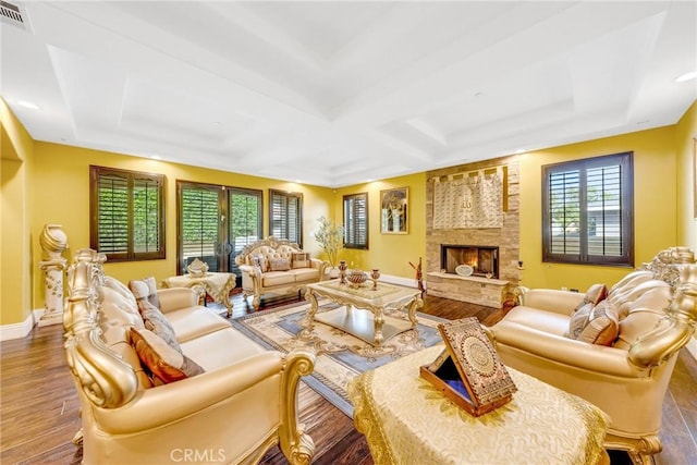 living room with a raised ceiling, wood-type flooring, and a stone fireplace