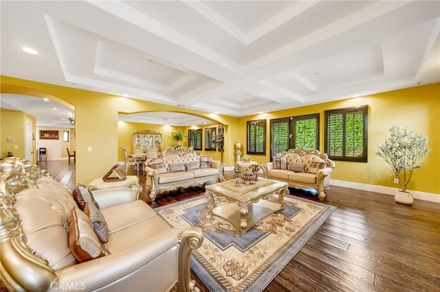 living room with dark hardwood / wood-style floors