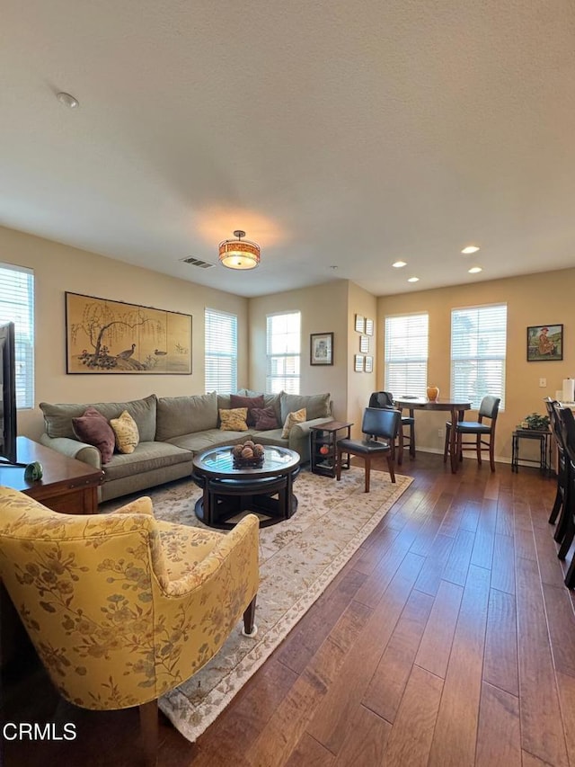 living room with dark hardwood / wood-style floors