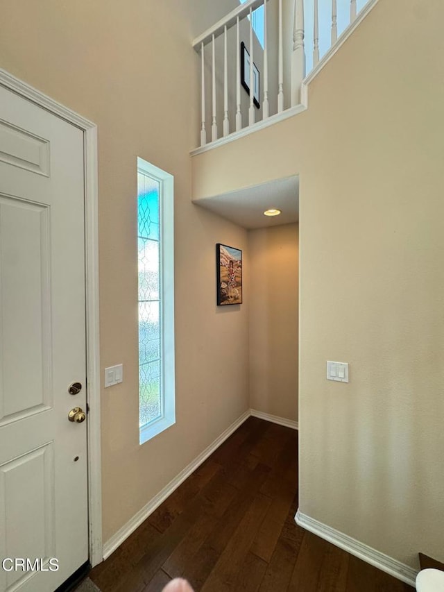 entrance foyer featuring dark hardwood / wood-style flooring and a high ceiling