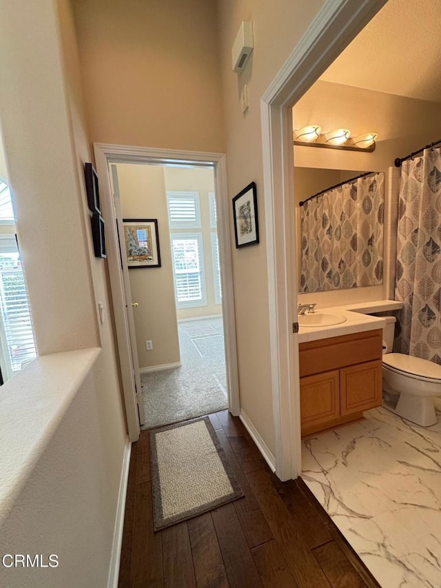 bathroom with hardwood / wood-style flooring, vanity, and toilet