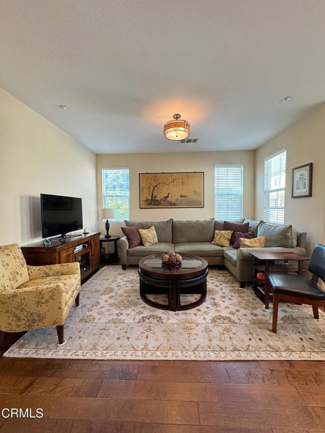 living room featuring plenty of natural light, a textured ceiling, and light hardwood / wood-style floors