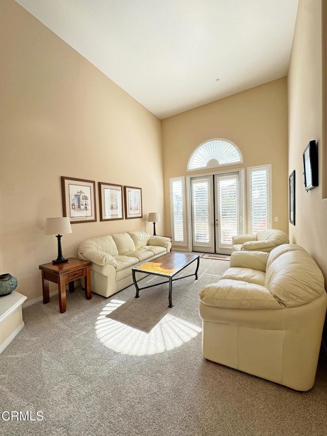 living room with carpet flooring and a high ceiling