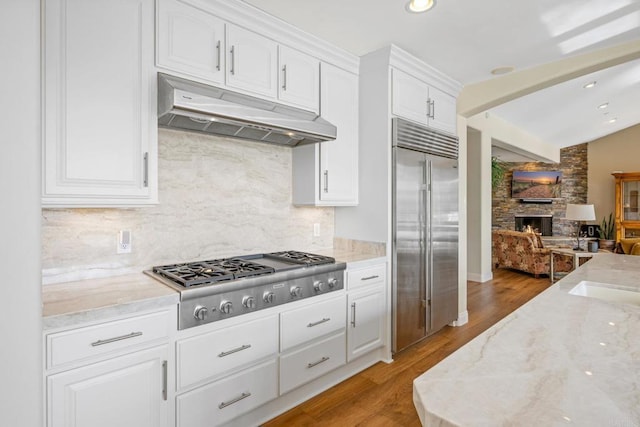 kitchen with appliances with stainless steel finishes, tasteful backsplash, a fireplace, light stone countertops, and white cabinets