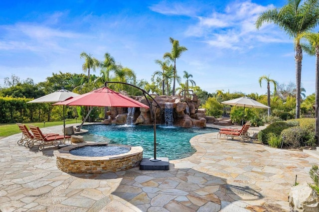 view of pool with pool water feature and a patio area