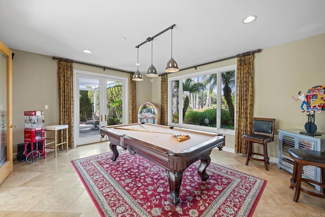 recreation room with billiards and french doors