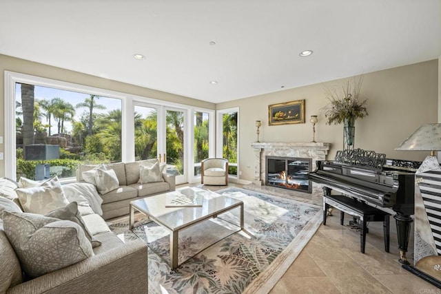 living room with a premium fireplace