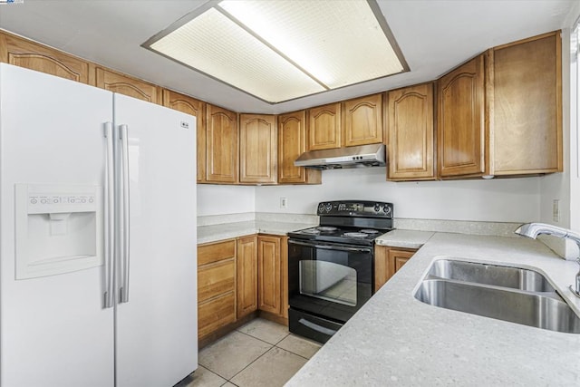 kitchen with light tile patterned flooring, black range with electric stovetop, sink, and white fridge with ice dispenser