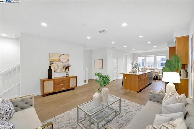 living room featuring sink and light wood-type flooring