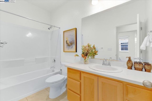 full bathroom with vanity, tile patterned floors,  shower combination, and toilet